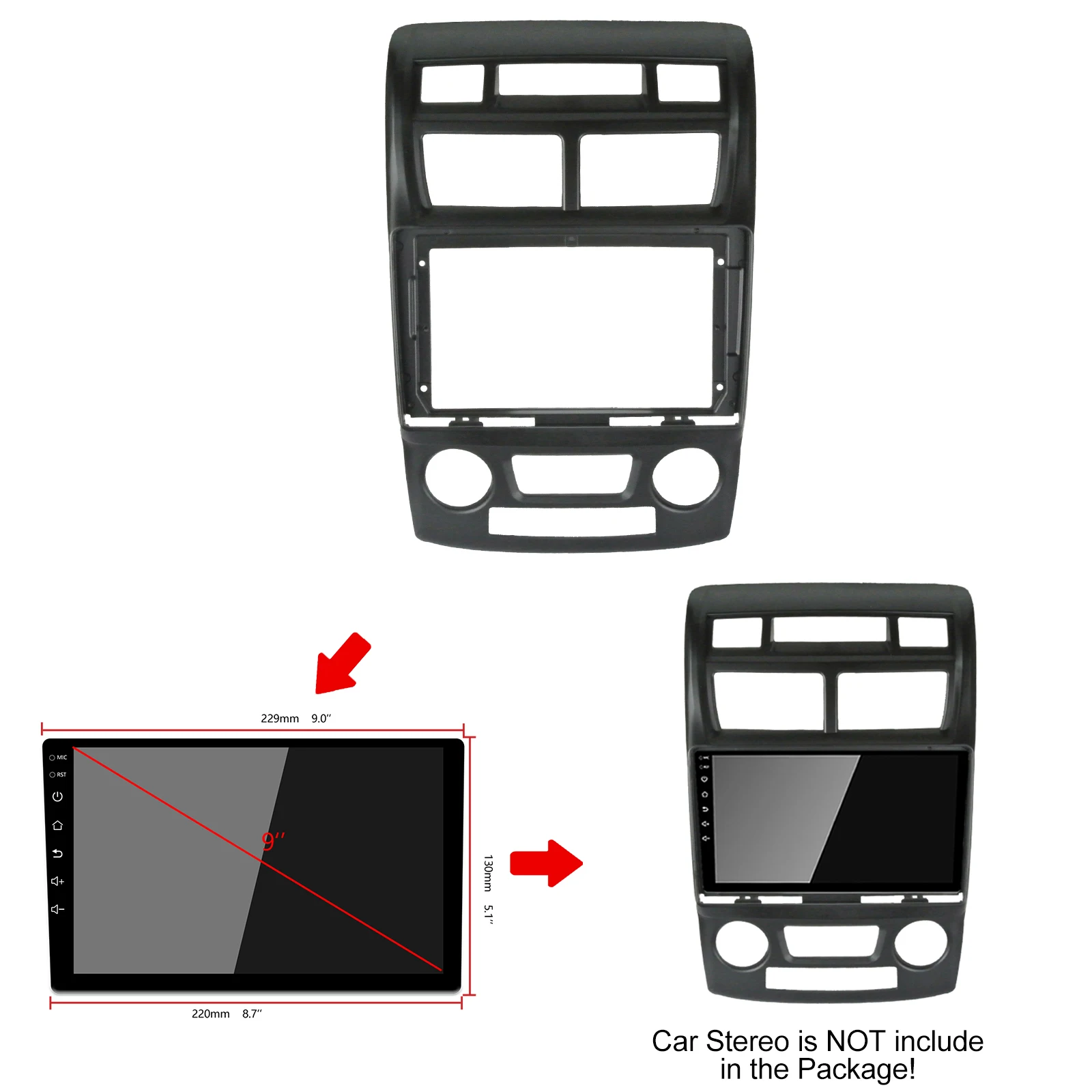 1/2Din Bil DVD-Frame Lyd Montering Adapter Dash Trim Kits Facia Panel 9inch For Kia SPORTAGE 2007-2010 Dobbelt Din Radio Player