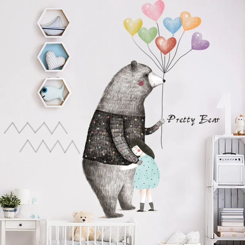 Tegnefilm Big Bear wallsticker til børneværelset Piger Værelse Dekoration Luft Ballon Diy Kunst Home Decor Nordisk Stil Soveværelse Dekoration