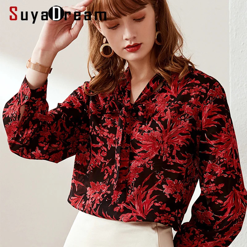 SuyaDream Kvinder Trykt Bue Krave Bluser 95% Silke Crepe Langærmet Kontor Bluse Shirt 2019 Kontor Dame Shirts
