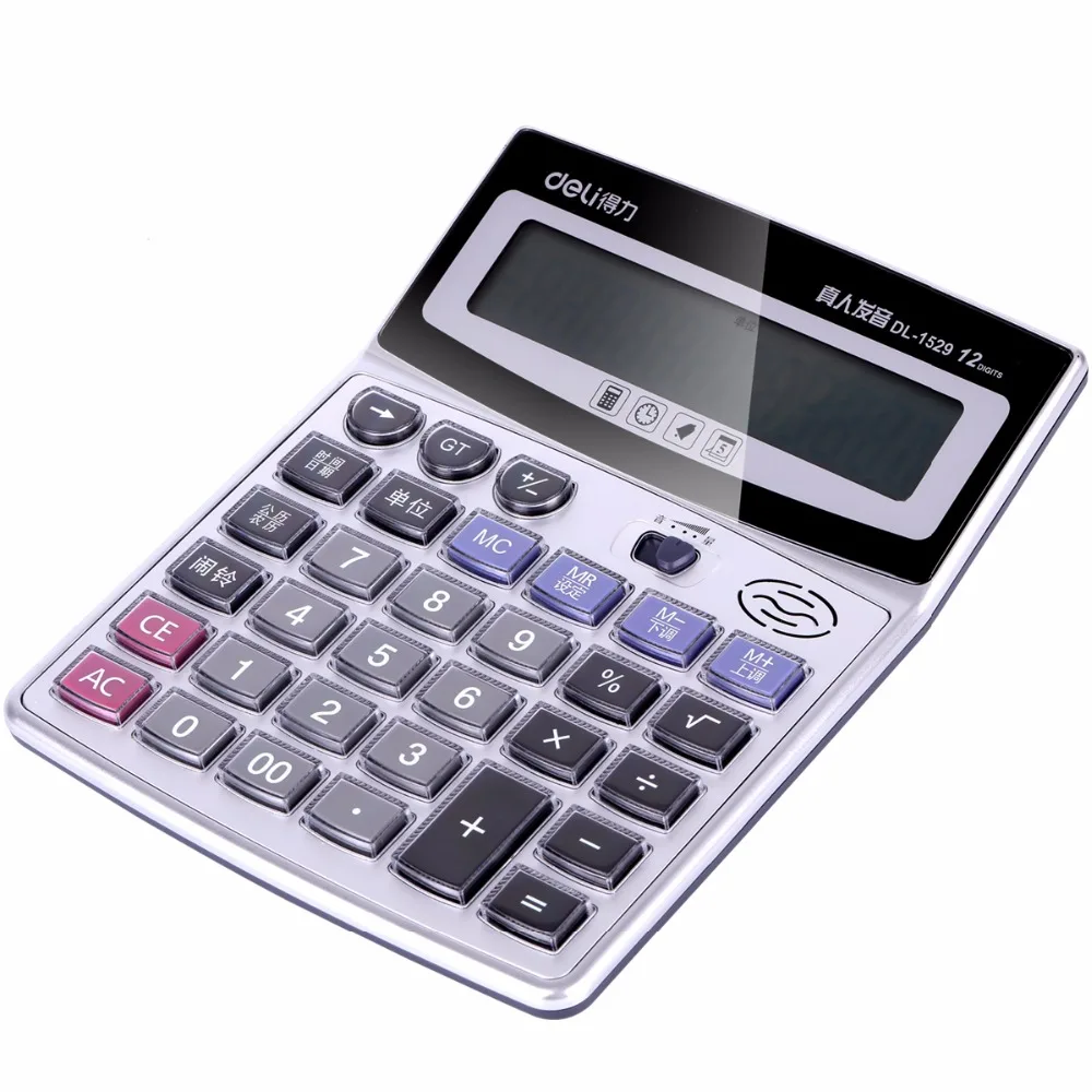 Deli 1stk 12 Cifret Display Desktop Calculator batteridrevne Stor Stemme med Uret Business Calculator kontorartikler