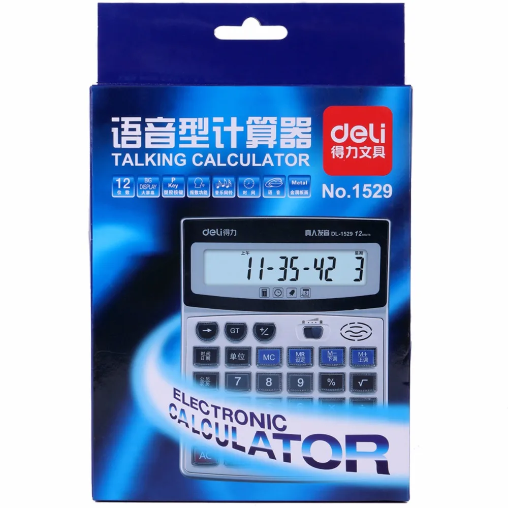 Deli 1stk 12 Cifret Display Desktop Calculator batteridrevne Stor Stemme med Uret Business Calculator kontorartikler