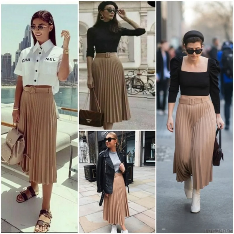 Aachoae Kvinder Plisseret Nederdel Med Bælte og Høj Talje Elegant Vintage A-linje Midi-Nederdele Kvindelige 2020