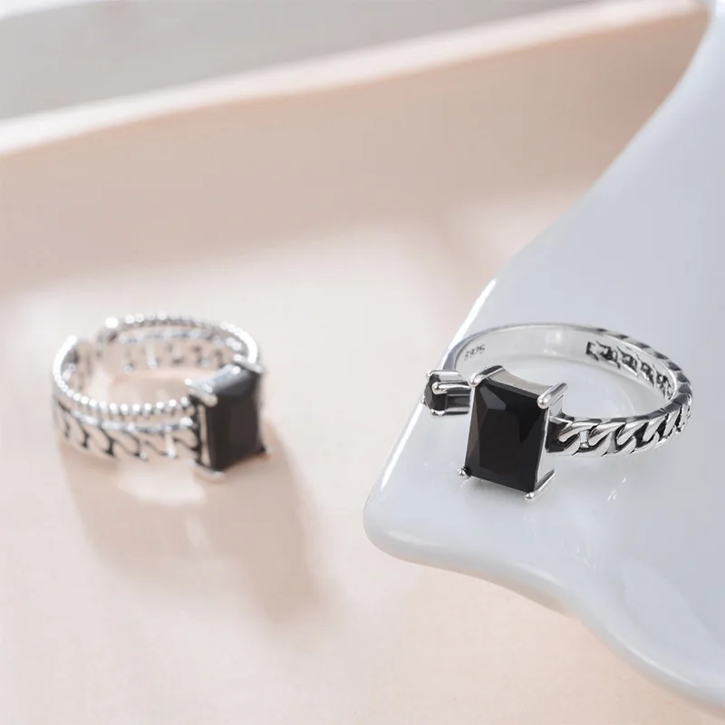 Sorte Zircon Par Ring Sterling 925 Sølv Ringe For Kvinder Åbne Elskere Ring Anillos De Plata 925 De Ley Mujer Fine Smykker