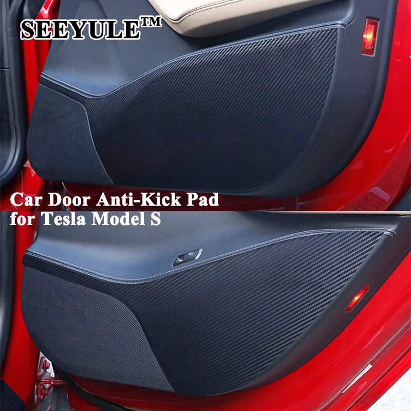 4stk/set SEEYULE Bil Døren Anti-Kick Sticker Carbon Fibre Style Anti-Dirty Kick Pad Tilbehør til Tesla Model S-2020