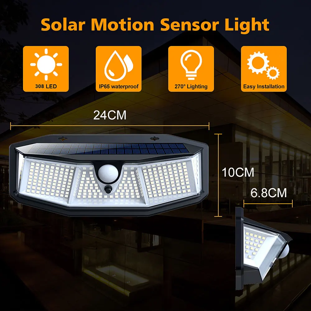 Vandtæt 308 LED Solar Power-Lampen Udendørs Spotlight PIR bevægelsesføler Sol Gade Lys Nat Væg Lampe til Haven Dekoration