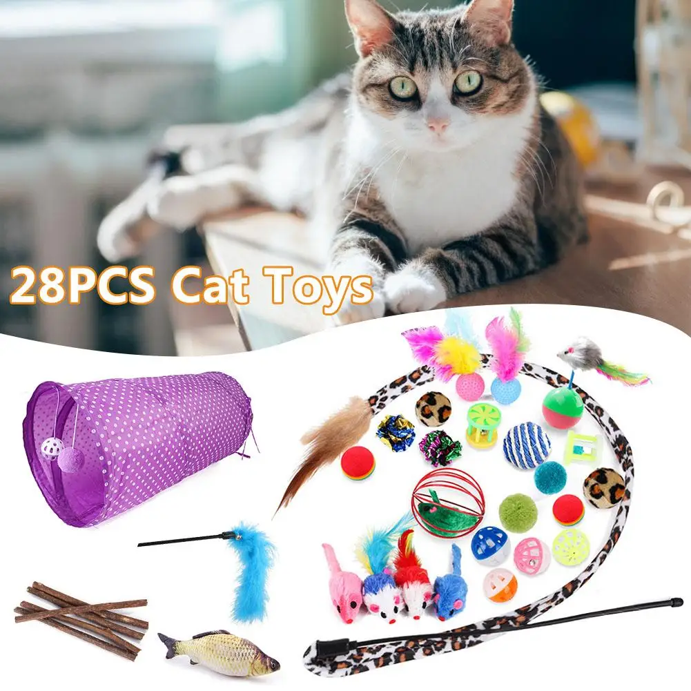 28PCS Pet Cat Toy Sammenklappelig 2-hul Kat Tunnel Toy Fisk, Mus Fjer Wand Sjovt Legetøj Tygge Pind Sæt Legetøj Til Katte Killing