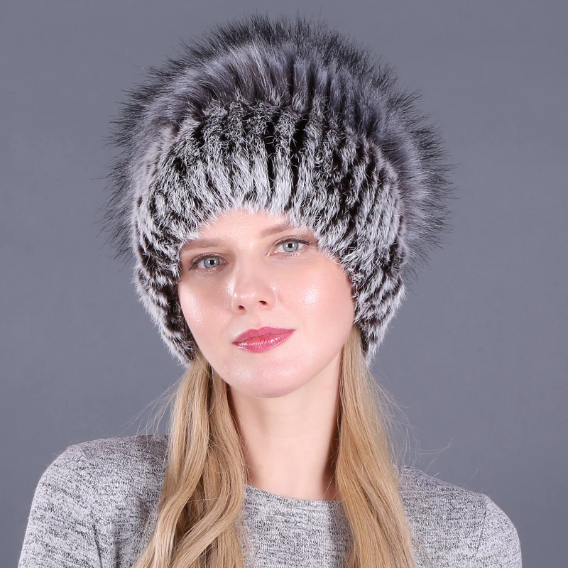 Vinteren Elastisk Naturlige, Bløde Satin Silver Fox Fur Hat Kvinder Strikket Ægte Kanin Pels Hatte Strikket Dame Pels Hætte