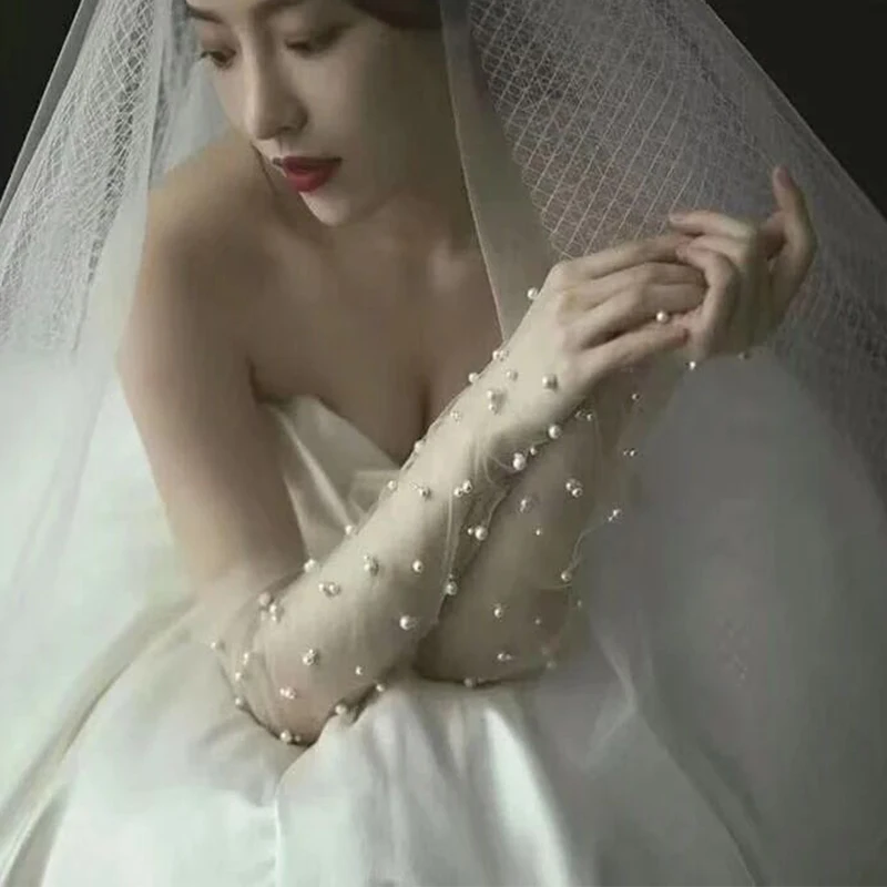 Bridal handske klar perle scatter tyl handske til bryllup