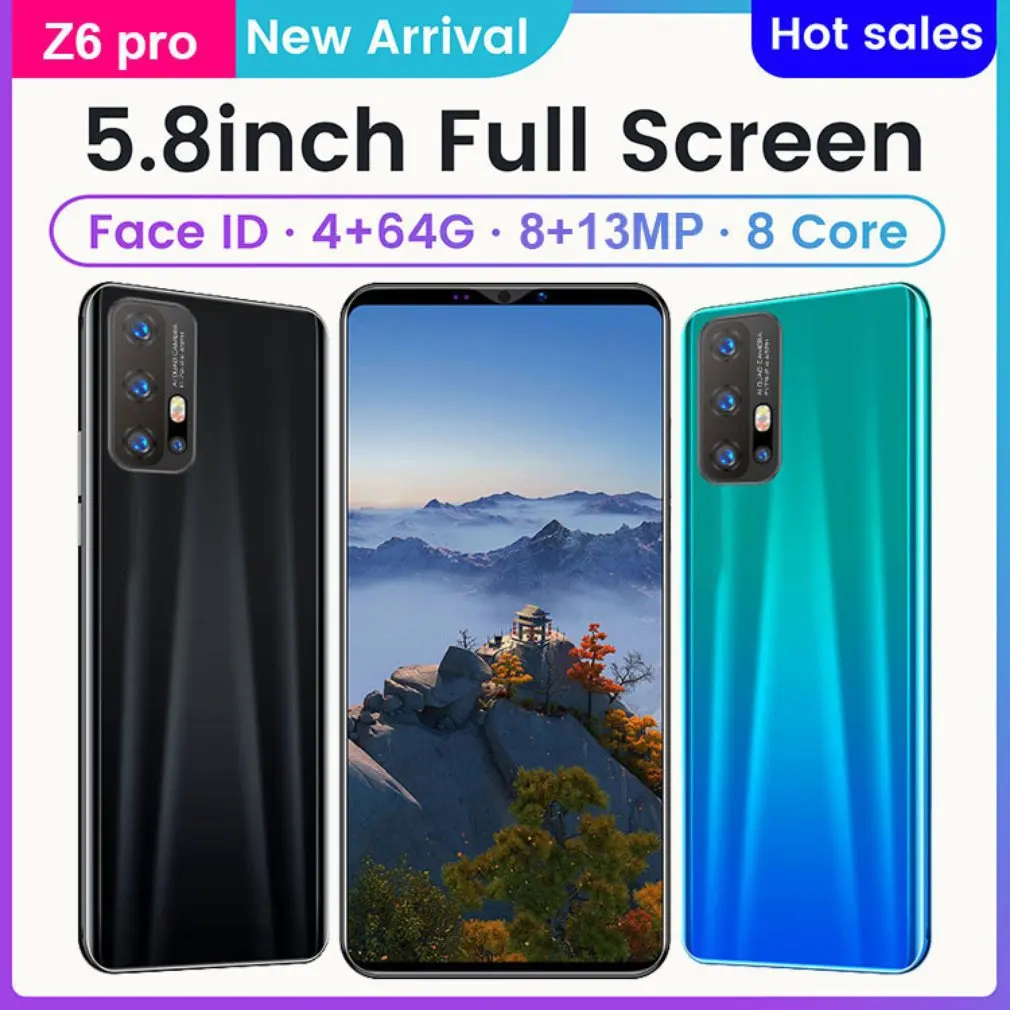 Z6 Pro Smartphone 5.8 Tommer Skærm Smartphone 512M+4G Android-Smartphone, 3D-Glas Belagt Back Cover Black