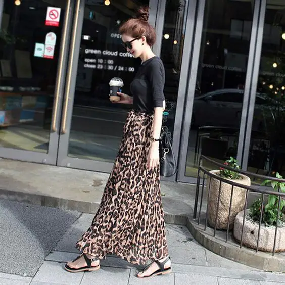 TingYiLi Sommeren Kvinder Lang Leopard Print Elastisk Nederdel Med Høj Talje Chiffon Plisseret Slim Fit Afslappet Maxi Nederdel