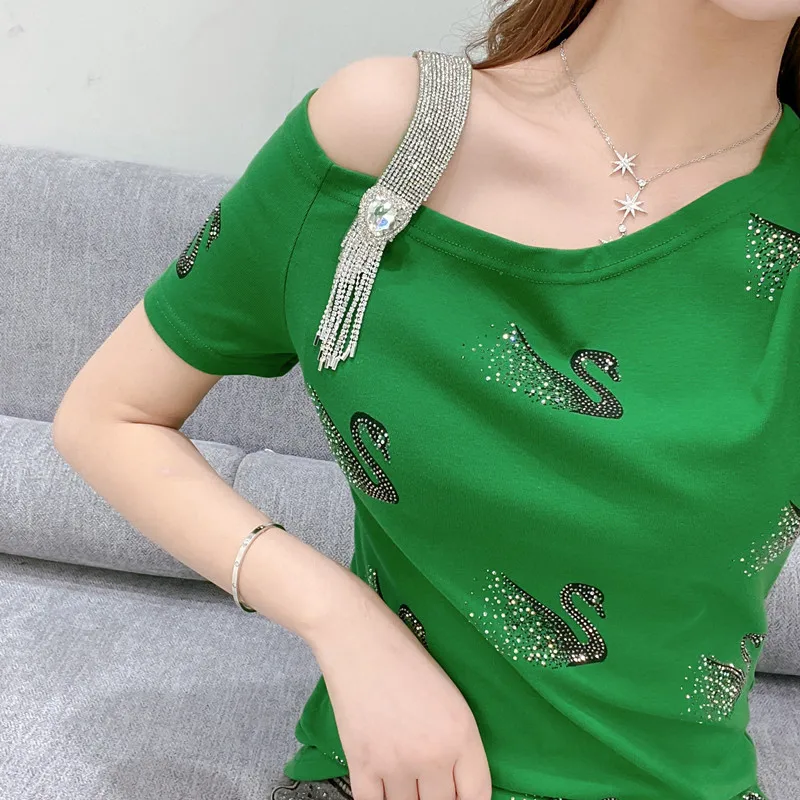 Sommeren koreansk Tøj, T-shirt-Sexet Mode Off Skulder Diamanter Swan Farven Bomuld til Kvinder Toppe Ropa Mujer Tees 2020 Nye T06828