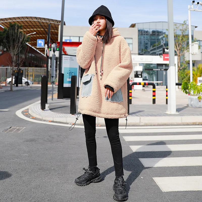 Stor Størrelse Varme Hættetrøjer Kvinder er Fortykket Plys Løs Lange Ærmer Pullover Nye Vinter koreanske Stilarter Farve Patchwork Toppe