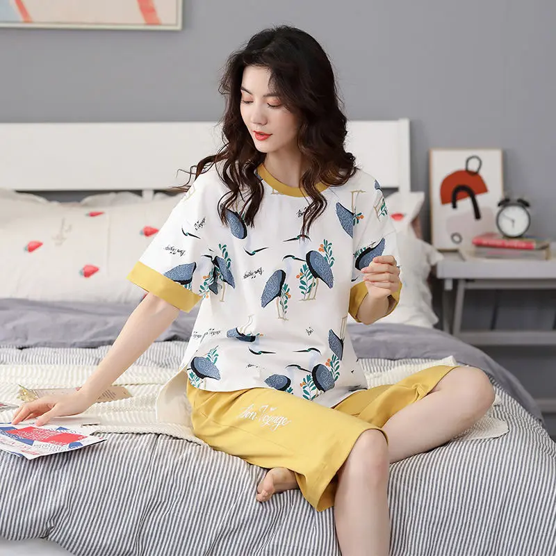 Pyjamas Sæt Kvinder Oversize 4XL Blød Bomuld Kausale Knæet Længde Smukke Print Dame Nattøj koreanske Trendy Daglige Piger Homewear