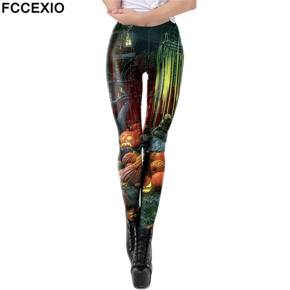 FCCEXIO Ghost Print Kvinder Leggings Mode Halloween Træning Bukser Kraniet Karneval Slim Pants Plus Size Kvinde Fitness Bukser