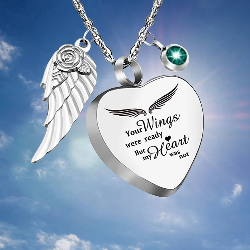 Angel Wing Charm Hjerte Kærlighed 12 Farver Crystal Urn Halskæde Til Aske Kremering Smykker Vedhæng