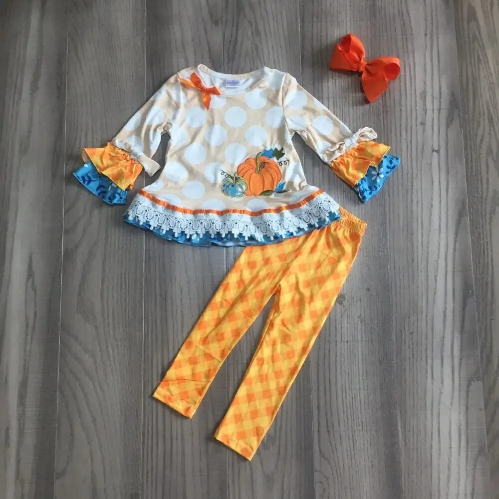 Girlymax baby Pige tøj pige Halloween outfit græskar raglan med plaid orange bukser pige falde sæt med bue