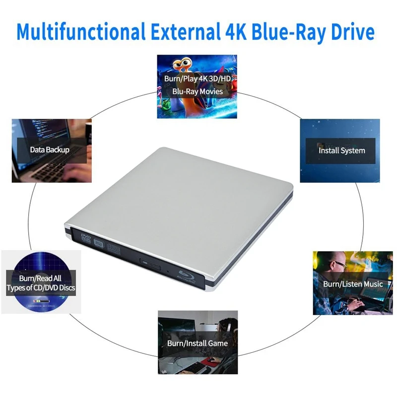 Ekstern Blu Ray / DVD-Drev 3D USB 3,0 Bærbar Bluray DVD-CD-Brænder, CD-RW Række for OS Windows 7 8 10 Linxus PC