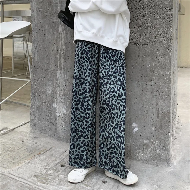 Fremmede Kitty Mode Velvet Leopard Bukser Kvinder Solid Høj Talje Bunden Bred Ben Bukser Løs Casual Dame Bukser Pantalon Femme