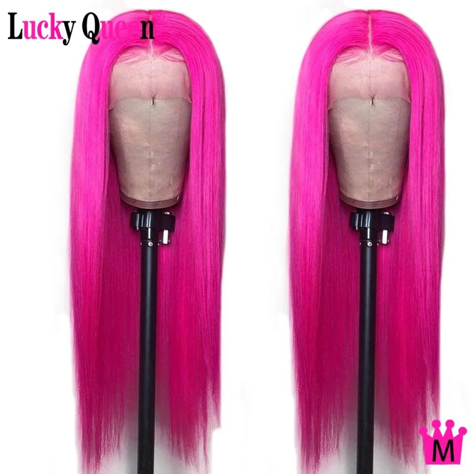 Lucky Queen Hot Pink Farve 13x4 Lace Front Wig Peruvianske Remy Lige menneskehår Parykker Pre Plukket For Sorte Kvinder Side en Del Parykker