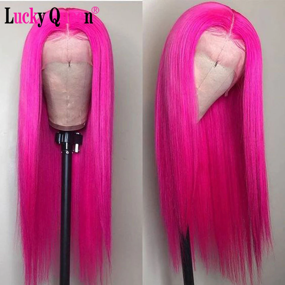 Lucky Queen Hot Pink Farve 13x4 Lace Front Wig Peruvianske Remy Lige menneskehår Parykker Pre Plukket For Sorte Kvinder Side en Del Parykker