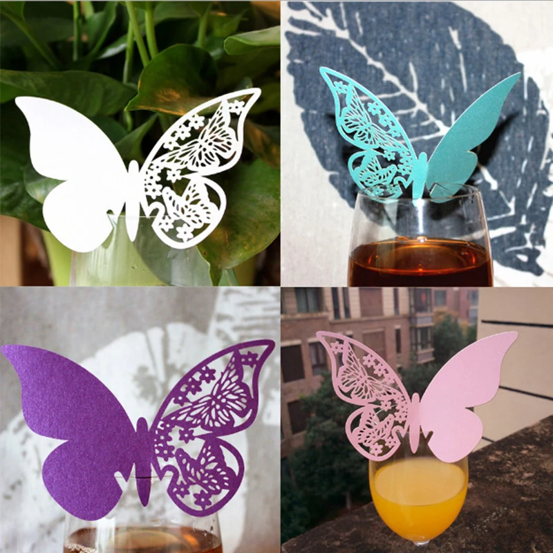 50stk/Masse Vin Glas, Papir Butterfly Cut-out Sted Escort Kort til bryllupsfest Hjem Dekorationer Pink Lilla Blå Hvid