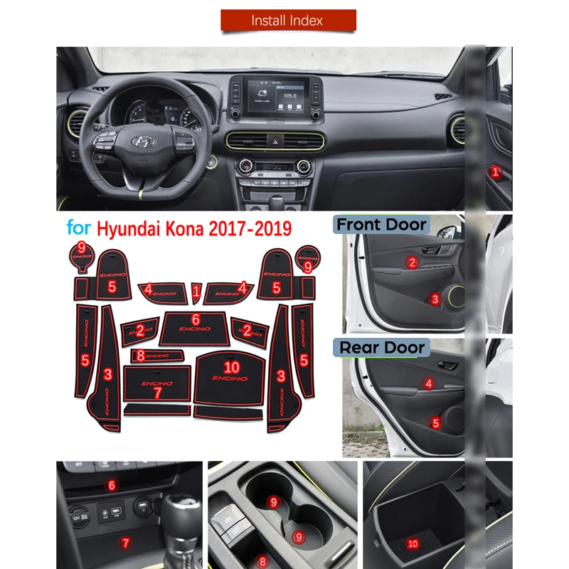 For Hyundai Kona 2017 2018 2019 Kauai Interne Tilbehør, Anti-Slip Gummi Gate Slot Cup Mat Coaster Cup Pude Bil Klistermærker