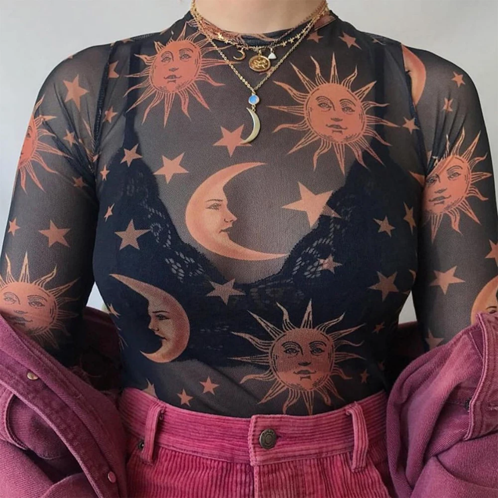 Sun Moon Trykt Gennemsigtige Mesh Sexet T-Shirt Kvinder O-hals Med Lange Ærmer Slank Grundlæggende Casual Overdele 2019 Spring Ny