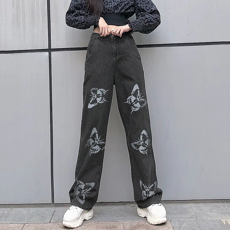 Højtaljede Baggy Jeans Kvinder Butterfly Trykt 2000'erne Æstetiske Kæreste Denim Lige Ben Bukser Streetwear Lange Bukser