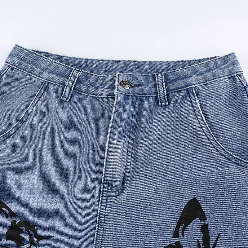 Højtaljede Baggy Jeans Kvinder Butterfly Trykt 2000'erne Æstetiske Kæreste Denim Lige Ben Bukser Streetwear Lange Bukser