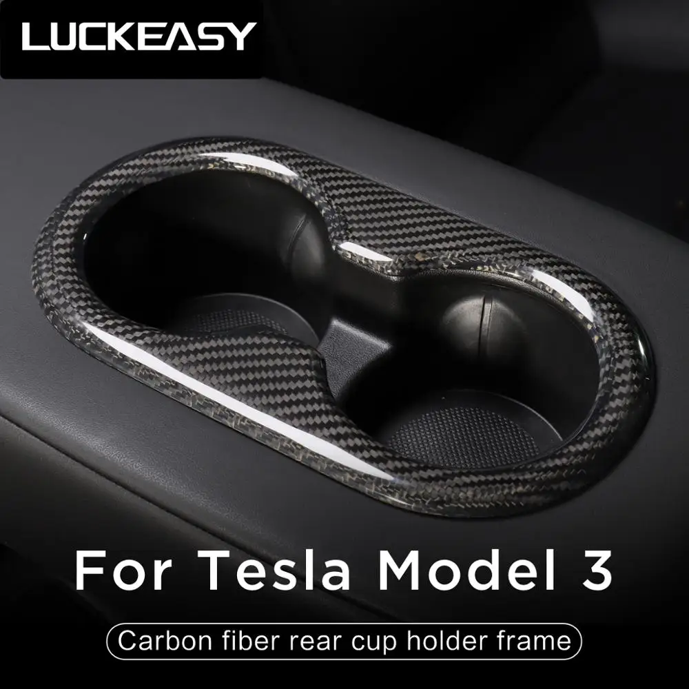 LUCKEASY Bilen ændring for Tesla Model 3 2017-2020 Ægte Carbon Fiber bagsædet Cup Trug Patch