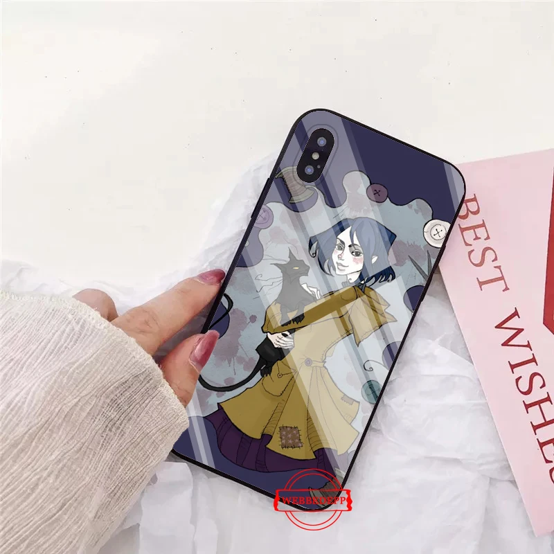 Coraline filmens Mønster Glas Phone Case til Apple iPhone-11 Pro X XS Max 6 6S 7 8 Plus 5 5S SE