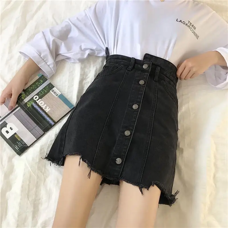 Sexet Kvinder Denim Mini Nederdel Fashion Sommer Høj Talje Koreanske Sort Knap Nederdel Pakke Hip Jeans Harajuku Plus Size Bomuld F29
