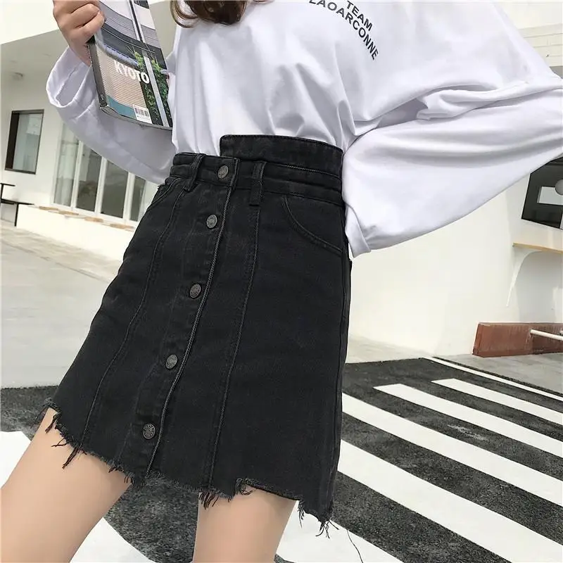 Sexet Kvinder Denim Mini Nederdel Fashion Sommer Høj Talje Koreanske Sort Knap Nederdel Pakke Hip Jeans Harajuku Plus Size Bomuld F29
