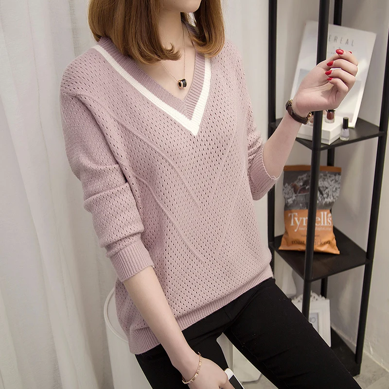 Efteråret Kvinder Sweater Nye Mode V-hals Løs Kort Strik Pullover Lang-ærmet Tynd Sweater Plus Size Kvinder Casual Toppe AA332