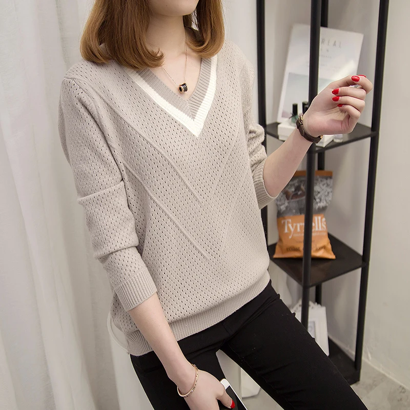 Efteråret Kvinder Sweater Nye Mode V-hals Løs Kort Strik Pullover Lang-ærmet Tynd Sweater Plus Size Kvinder Casual Toppe AA332
