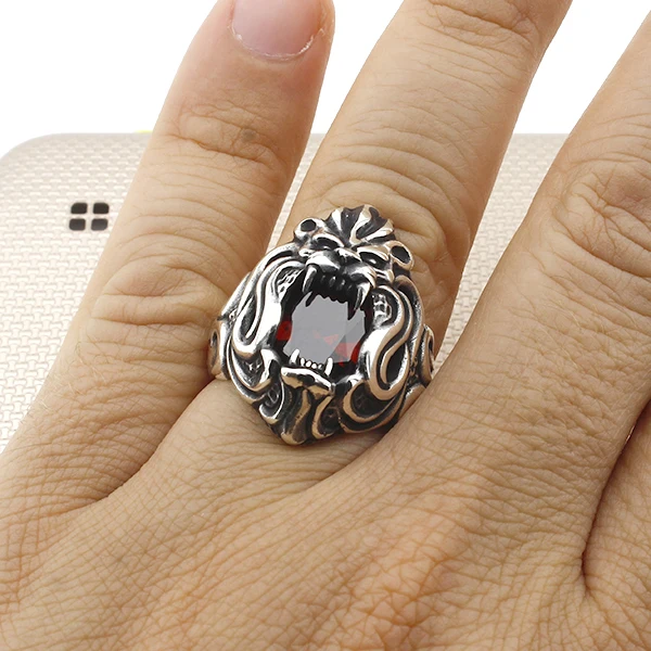 Sterling Sølv Herre Ring, Stjernetegn Løven Mænd Ring med Røde Zircon, Afrikanske Løve Hoved Ring, Håndlavet Sølv Ring i Tyrkiet