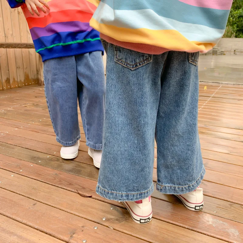 Drenge og Piger i Jeans 2020 Efteråret Nye Solid Farve Løs Cowboy Bukser Børn Bred Ben Mode Straight-Ben Denim Bukser