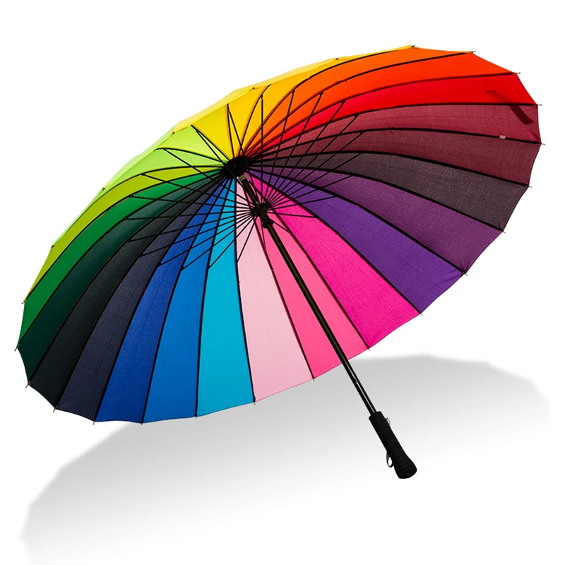 24K Rainbow Stor Paraply Vindtæt Mænds Læder Lange Håndtag Kriger Paraply Kvindelige Solrig Og Regnfuld Paraply med Skulder Taske