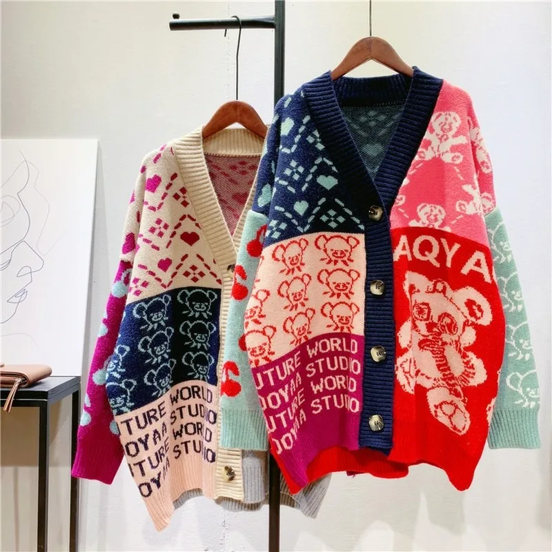 Oversized Cardigan Til Kvinder Lang Outwear Farve Blok Tegnefilm Bære Sweater Jakke Koreanske Jacquard Lazy Oaf Løs Strik Cardigan