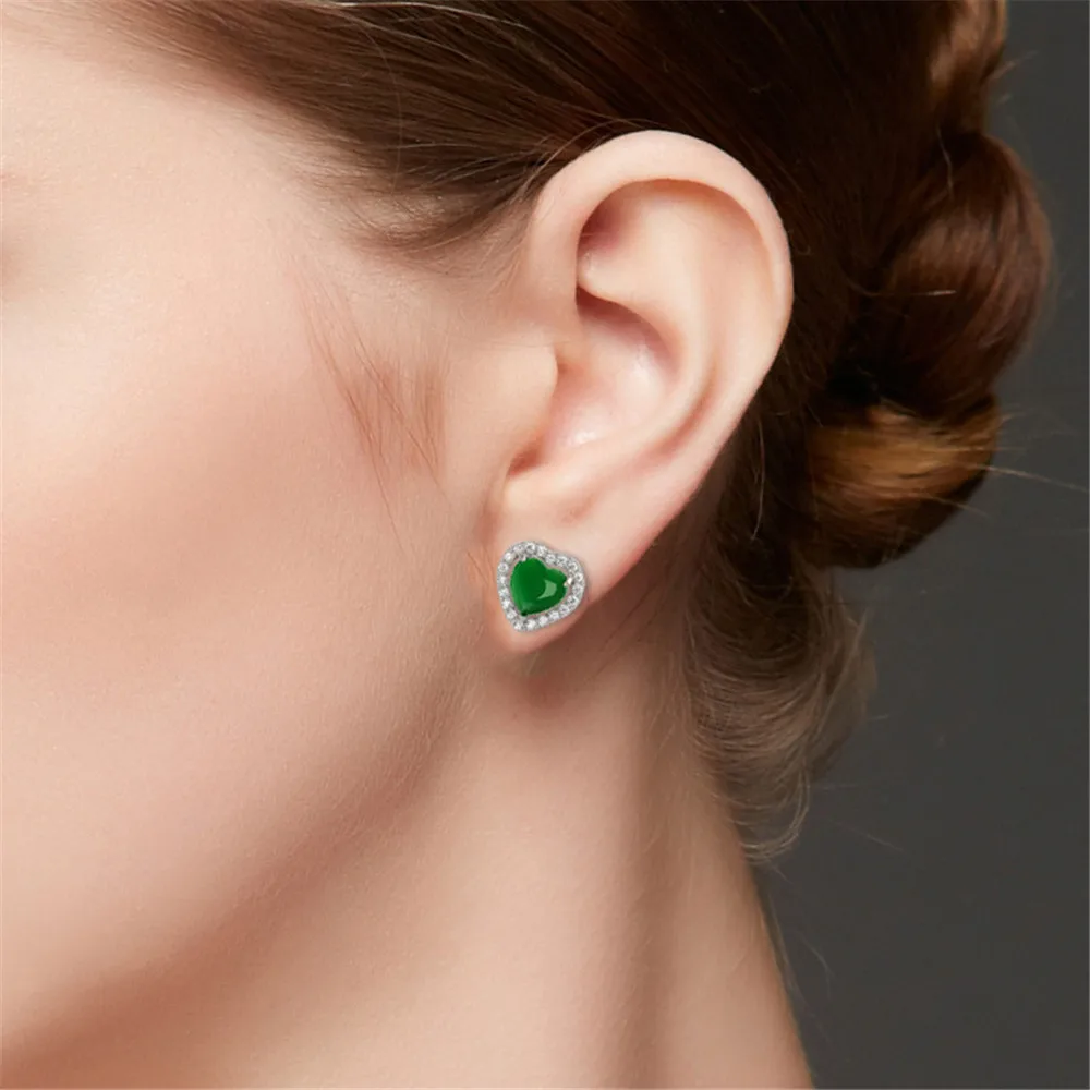 Smaragd-ædelsten grøn jade stud øreringe til kvinder, hjerte, hvid, guld, sølv farve zircon diamanter part krystal smykker bijoux