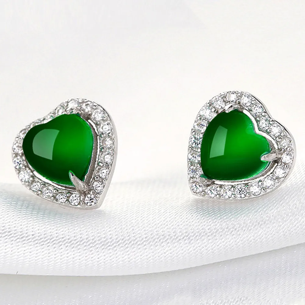 Smaragd-ædelsten grøn jade stud øreringe til kvinder, hjerte, hvid, guld, sølv farve zircon diamanter part krystal smykker bijoux