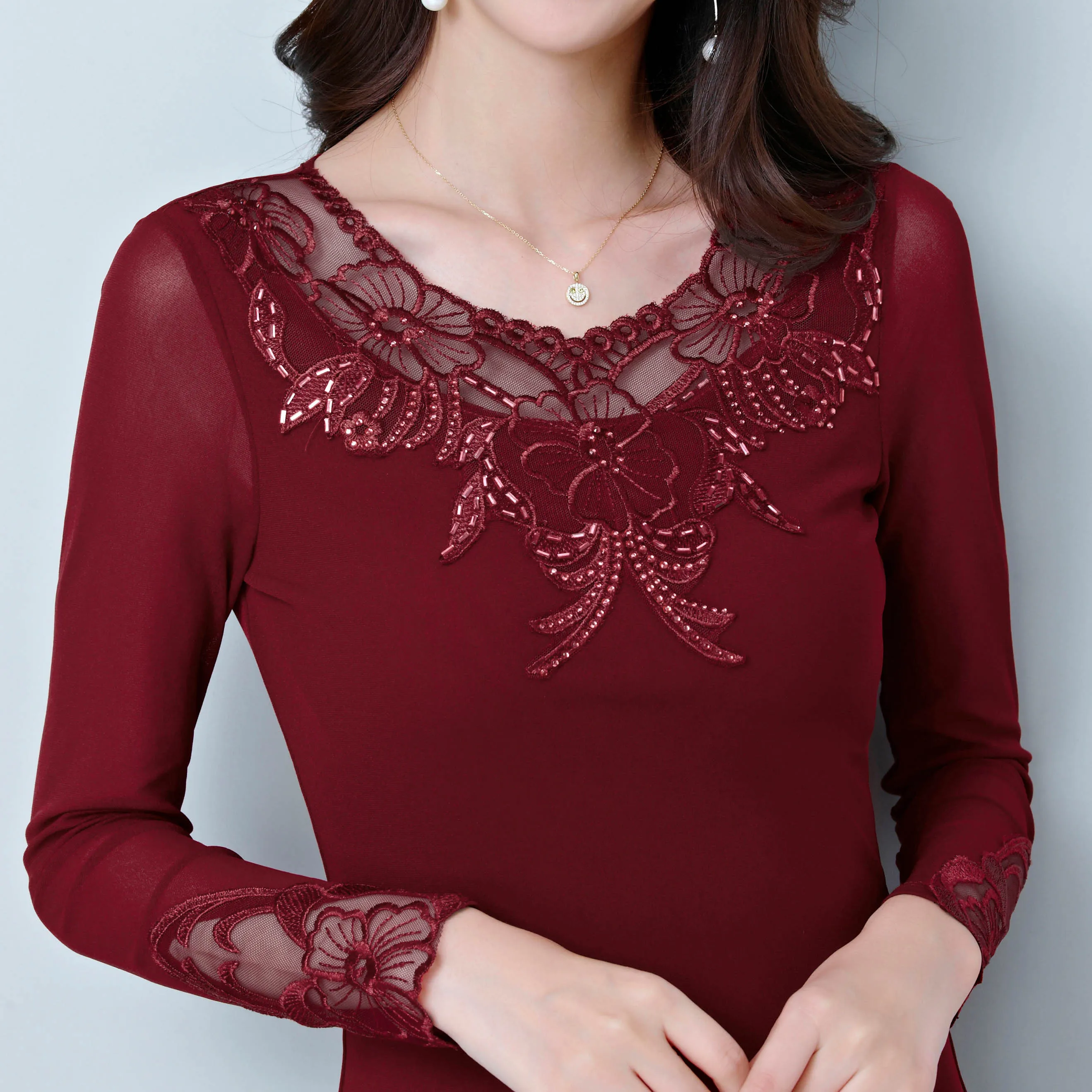 2019 efteråret mesh-shirt bedste kvindelige langærmet lace blouse skjorte slim broderet afslappet plus size sort elegant bluser blusas