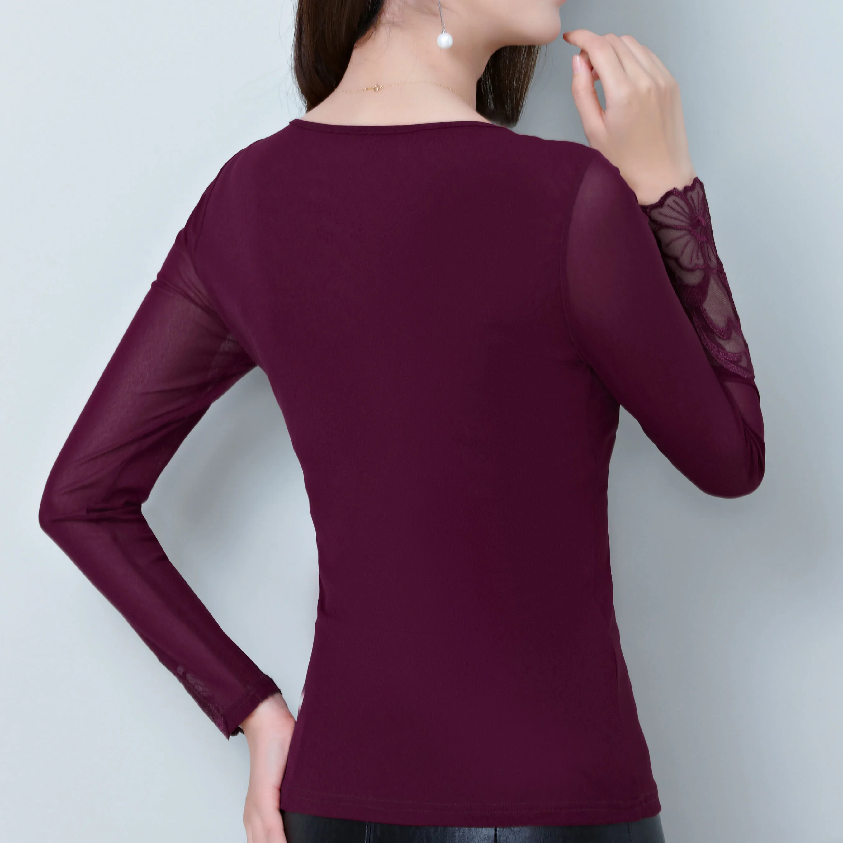 2019 efteråret mesh-shirt bedste kvindelige langærmet lace blouse skjorte slim broderet afslappet plus size sort elegant bluser blusas