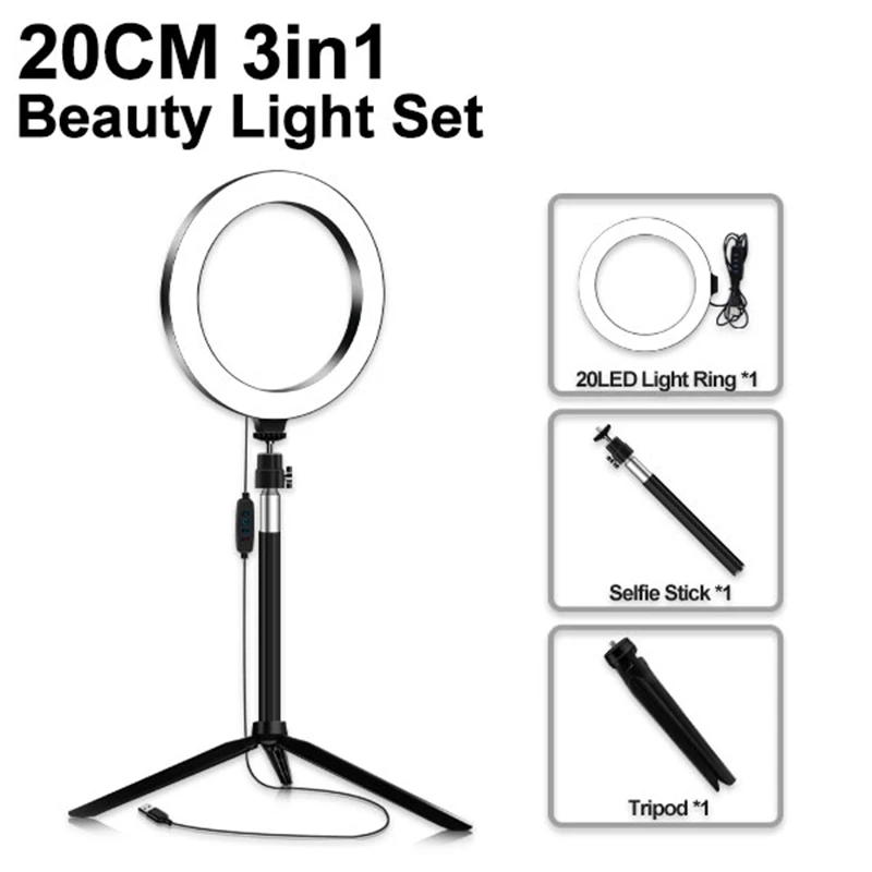 HOT-Fotografering Ring Lys 20Cm LED Makeup Ring Lampe med Stativ, USB-Stik til Live Stream af Youtube Video