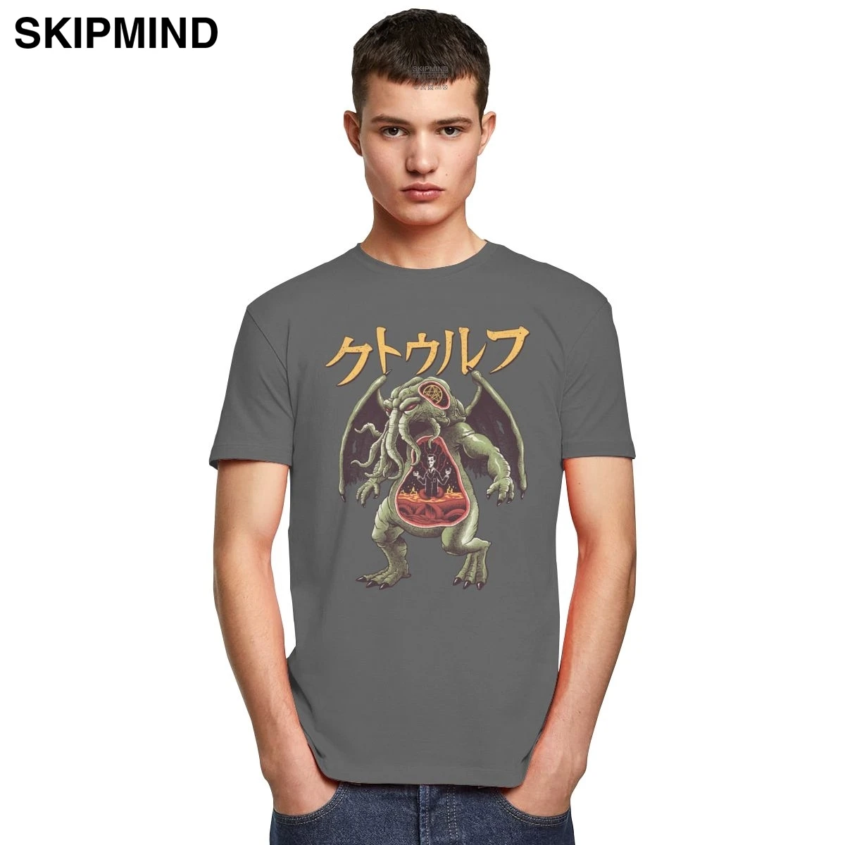 Vintage Kaiju Cthulhu T Shirts Mænd kortærmet Bomulds T-shirt Mode Print Japansk Monster Graphic Tee Toppe Casual Beklædning