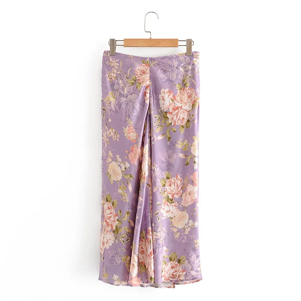 2020 sommeren kvinder new style retro high-waisted slank-montering fold silke satin-tekstur bue trim forneden slids print midi-lang nederdel