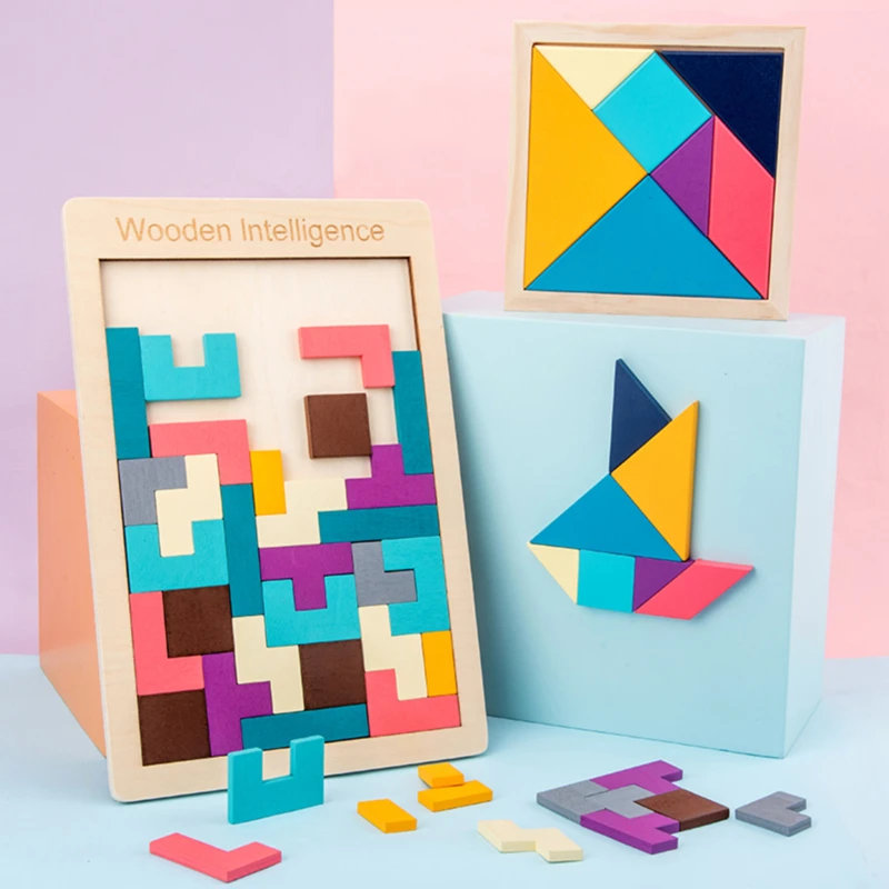 Puslespil Magic Tangram Børn, Træ-Pædagogisk Spil, Sjov Hobby Barn Puzzle-Tetris Terning Puslespil For Kids Legetøj, Som Børn