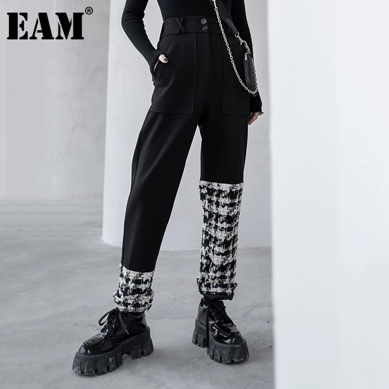 [EAM] Black Store Lommer Plaid Høj Elastisk Talje Bukser Nye Loose Fit Bukser Kvinder Mode Tidevand Foråret Efteråret 2021 1DD2672