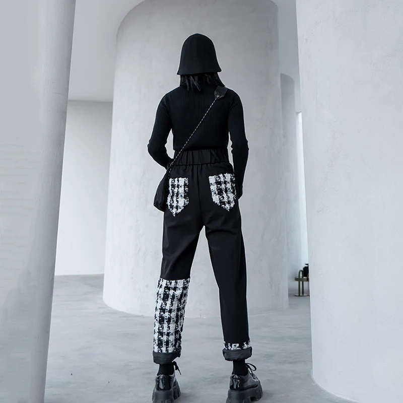 [EAM] Black Store Lommer Plaid Høj Elastisk Talje Bukser Nye Loose Fit Bukser Kvinder Mode Tidevand Foråret Efteråret 2021 1DD2672
