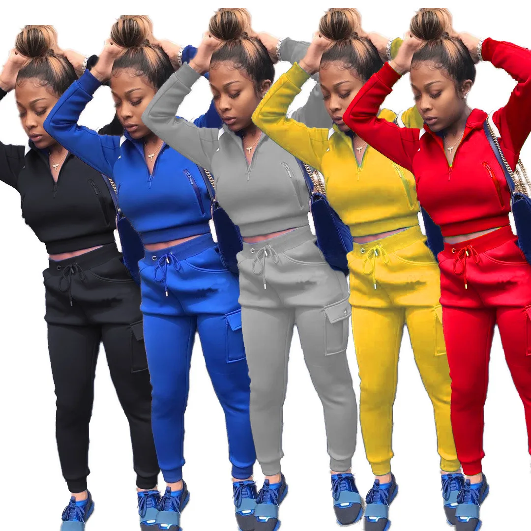 Kvinders Sweatsuit 2 delt Sæt 2020 Efteråret Solid langærmet Hætte Sweatshirt Trøjer Sweatpant Tøj, Træningsdragt, Sportstøj